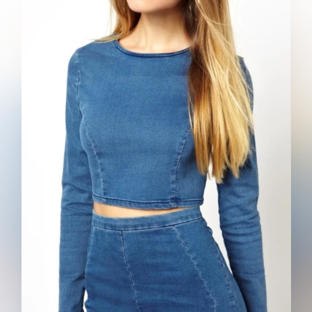 ASOS Denim Blue Long sleeve Crop Top Exposed Back Zipper Size 8